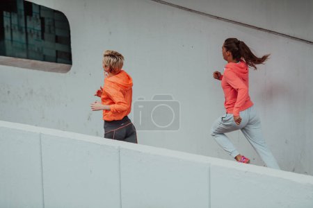 Foto de Dos mujeres en ropa deportiva corriendo en un entorno urbano moderno. El concepto de un estilo de vida deportivo y saludable. - Imagen libre de derechos