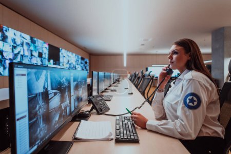 Téléchargez les photos : Opérateur de sécurité féminin travaillant dans une salle de contrôle du système de données Opérateur technique Travaillant au poste de travail avec plusieurs écrans, agent de sécurité travaillant sur plusieurs moniteurs. - en image libre de droit