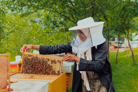 Foto de Hijab Arabian woman checking the quality of honey on the large bee farm in which she invested. - Imagen libre de derechos