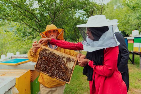Photo for Business partners with an experienced senior beekeeper checking the quality and production of honey at a large bee farm. - Royalty Free Image