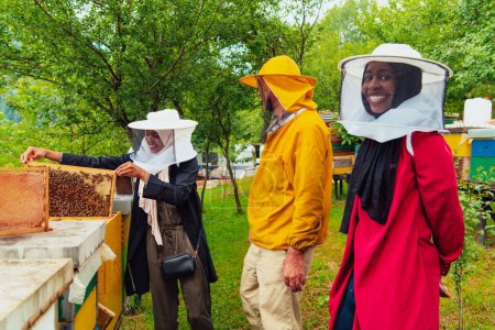 Foto de Business partners with an experienced senior beekeeper checking the quality and production of honey at a large bee farm. - Imagen libre de derechos