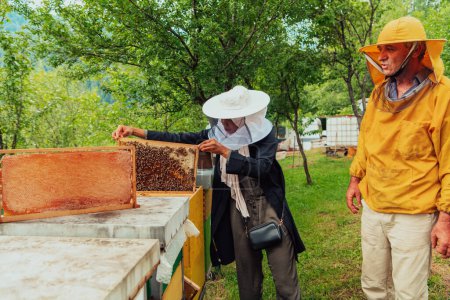 Foto de African American Muslim women with an experienced senior beekeeper checking the quality and production of honey at a large bee farm. - Imagen libre de derechos