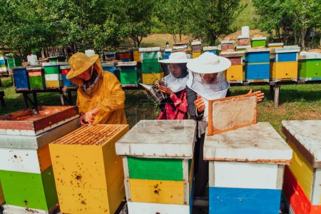 Téléchargez les photos : Arab investors checking the quality of honey on a large bee farm in which they have invested their money. The concept of investing in small businesses. - en image libre de droit