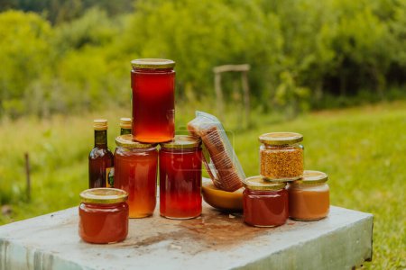 Téléchargez les photos : Produits à base de miel naturel photographiés dans une ferme de miel. Pollen, miel et divers produits à base de miel. - en image libre de droit