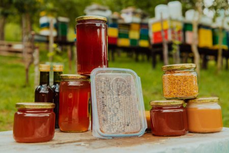 Téléchargez les photos : Natural honey products photographed at a honey farm. Pollen, honey and various honey products. - en image libre de droit