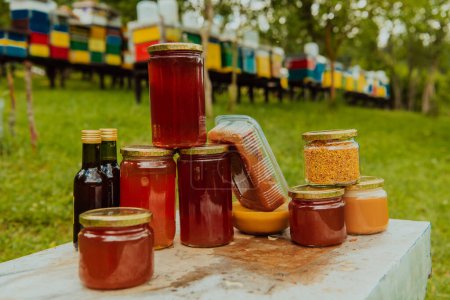 Téléchargez les photos : Produits à base de miel naturel photographiés dans une ferme de miel. Pollen, miel et divers produits à base de miel. - en image libre de droit