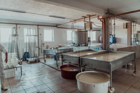 Foto de The interior of a modern factory for the processing of dairy products and the production of various types of cheese. - Imagen libre de derechos