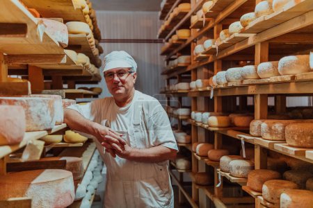 Téléchargez les photos : Un ouvrier d'une fromagerie triant du fromage fraîchement fondu sur des étagères de séchage. - en image libre de droit