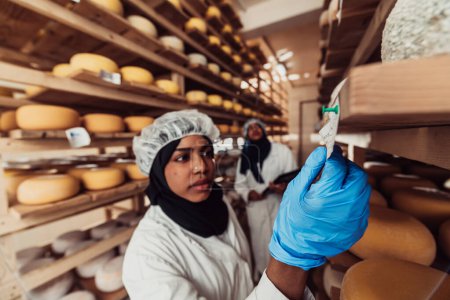 Téléchargez les photos : Arab business partners checking the quality of cheese in the industry and enter data into a laptop. Small business concept. - en image libre de droit