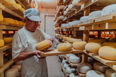Téléchargez les photos : Un ouvrier d'une fromagerie triant du fromage fraîchement fondu sur des étagères de séchage. - en image libre de droit