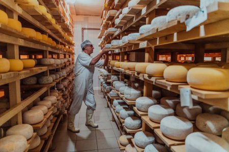 Un ouvrier d'une fromagerie triant du fromage fraîchement fondu sur des étagères de séchage. 