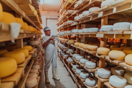 Photo for A worker at a cheese factory sorting freshly processed cheese on drying shelves. - Royalty Free Image
