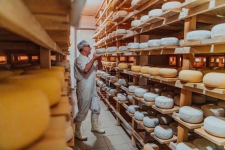 Photo for A worker at a cheese factory sorting freshly processed cheese on drying shelves. - Royalty Free Image