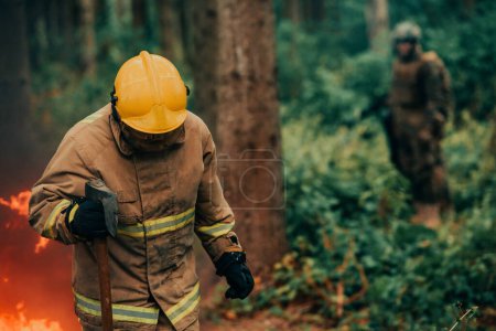 Foto de Bombero en el trabajo. Bombero en áreas forestales peligrosas rodeadas de un fuerte fuego. Concepto del trabajo del servicio de bomberos. H - Imagen libre de derechos