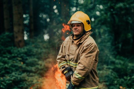 Photo for Firefighter at job. Firefighter in dangerous forest areas surrounded by strong fire. Concept of the work of the fire service. H - Royalty Free Image