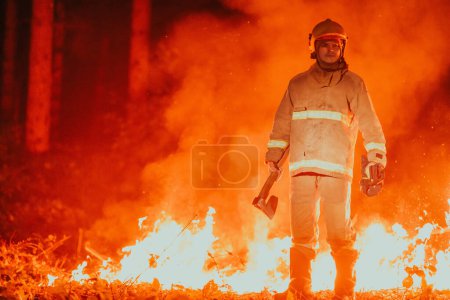 Photo for Firefighter at job. Firefighter in dangerous forest areas surrounded by strong fire. Concept of the work of the fire service. - Royalty Free Image