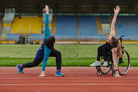 Téléchargez les photos : Deux femmes fortes et inspirantes, l'une musulmane portant une burka et l'autre en fauteuil roulant étirant et préparant leur corps pour une course de marathon sur la piste. - en image libre de droit