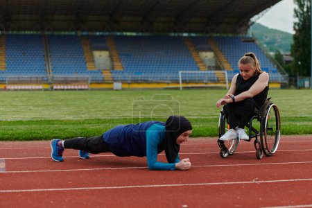 Foto de Dos mujeres fuertes e inspiradoras, una musulmana con un burka y la otra en silla de ruedas estirando y preparando sus cuerpos para una carrera maratónica en la pista. - Imagen libre de derechos
