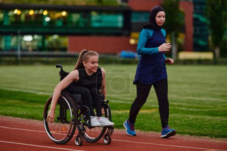 Foto de Una mujer musulmana que usa un burka apoya a su amiga con discapacidad en una silla de ruedas mientras entrenan juntos en un curso de maratón - Imagen libre de derechos