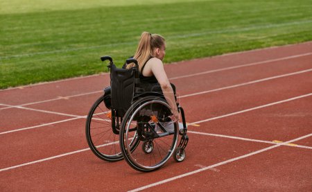 Téléchargez les photos : Une femme handicapée conduisant un fauteuil roulant sur une piste alors qu'elle se prépare pour les Jeux paralympiques. - en image libre de droit