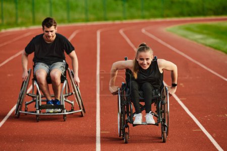 Foto de Una pareja inspiradora con discapacidad muestra su increíble determinación y fuerza mientras entrenan juntos para los Juegos Paralímpicos empujando sus sillas de ruedas en pista de maratón. - Imagen libre de derechos