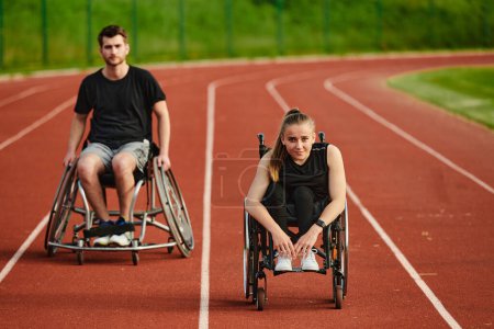 Photo for An inspiring couple with disability showcase their incredible determination and strength as they train together for the Paralympics pushing their wheelchairs in marathon track. - Royalty Free Image