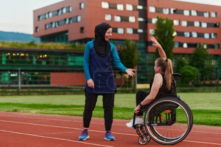 Photo for A Muslim woman wearing a burqa supports her friend with disability in a wheelchair as they train together on a marathon course - Royalty Free Image