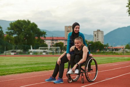Photo for A Muslim woman wearing a burqa resting with a woman with disability after a hard training session on the marathon course. - Royalty Free Image