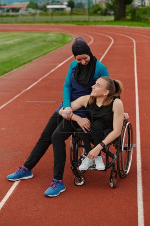 Photo for A Muslim woman wearing a burqa resting with a woman with disability after a hard training session on the marathon course. - Royalty Free Image