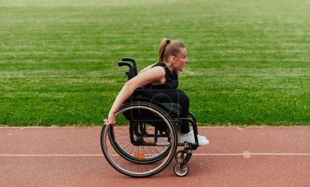 Foto de Una mujer con discapacidad que conduce una silla de ruedas en una pista mientras se prepara para los Juegos Paralímpicos. - Imagen libre de derechos
