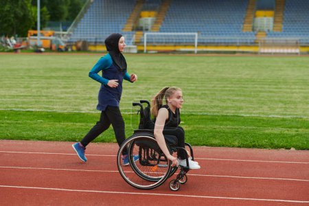 Téléchargez les photos : Une musulmane dans une burqa en train de courir avec une femme en fauteuil roulant sur le parcours du marathon, se préparant pour de futures compétitions - en image libre de droit
