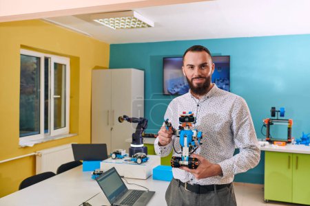 Foto de Un hombre que trabaja en un laboratorio de robótica, centrándose en los intrincados campos de la robótica y la impresión 3D. Mostrar su dedicación a la innovación, ya que participan en la investigación, el desarrollo, la ingeniería, y - Imagen libre de derechos