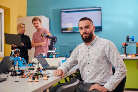 Téléchargez les photos : Un homme assis dans un laboratoire de robotique pendant que ses collègues testent en arrière-plan de nouvelles inventions robotiques de pointe - en image libre de droit