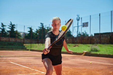 Photo for A young girl showing professional tennis skills in a competitive match on a sunny day, surrounded by the modern aesthetics of a tennis court - Royalty Free Image