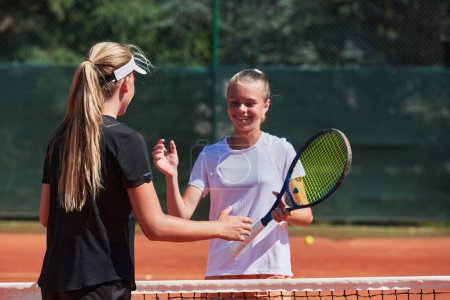 Téléchargez les photos : Deux joueuses de tennis serrant la main avec des sourires par une journée ensoleillée, respirant l'esprit sportif et l'amitié après un match compétitif - en image libre de droit
