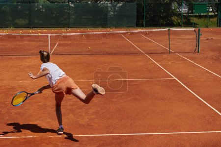 Photo for The tennis player focuses intently, perfecting her serve on the tennis court with precision and determination, displaying her dedication to improving her skills - Royalty Free Image