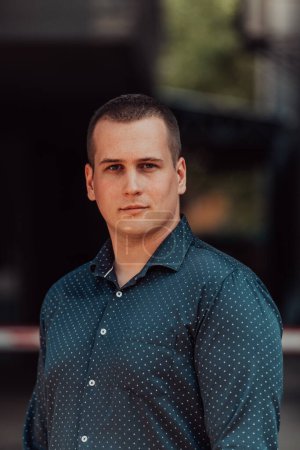Photo for A portrait of a modern man, exuding confidence and style, against an outdoor backdrop, showcasing his charisma and fashionable demeanor - Royalty Free Image