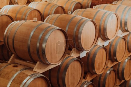 Téléchargez les photos : Barils de vin ou de cognac dans la cave de la cave, Barils de vin en bois en perspective. Voûtes à vin.Fûts de chêne vintage de bière artisanale ou de brandy. - en image libre de droit
