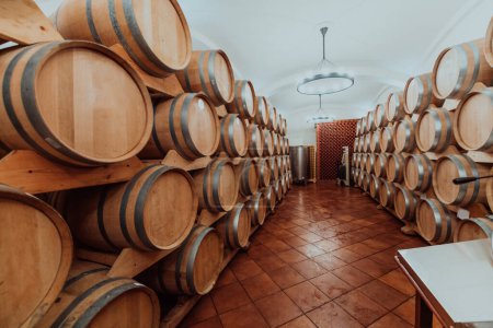 Photo for Wine or cognac barrels in the cellar of the winery, Wooden wine barrels in perspective. Wine vaults.Vintage oak barrels of craft beer or brandy. - Royalty Free Image