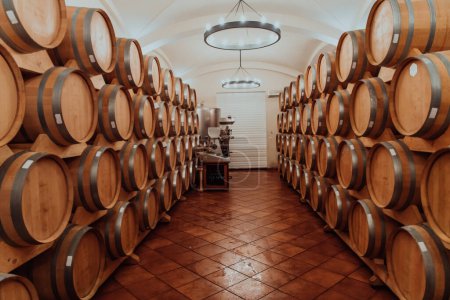 Photo for Wine or cognac barrels in the cellar of the winery, Wooden wine barrels in perspective. Wine vaults.Vintage oak barrels of craft beer or brandy. - Royalty Free Image