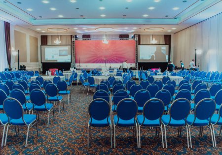 Photo for The empty conference hall is ready for the beginning of the event and the reception of guests. - Royalty Free Image