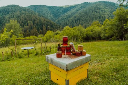 Foto de Natural honey products photographed at a honey farm. Pollen, honey and various honey products. - Imagen libre de derechos