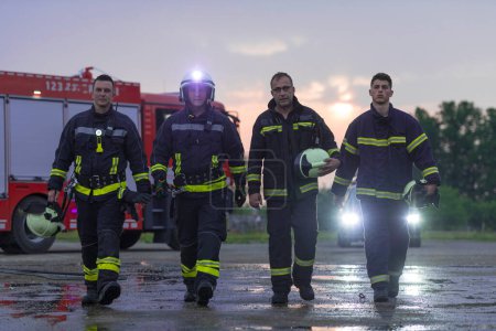 Brave Firefighters Team Walking after finished. Paramedics and Firemen Rescue Team Fight Fire in Traffic Car Accident, Insurance and Save Peoples Lives concept