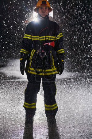 Photo for A determined female firefighter in a professional uniform striding through the dangerous, rainy night on a daring rescue mission, showcasing her unwavering bravery and commitment to saving lives - Royalty Free Image