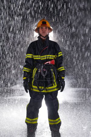 Foto de Una decidida bombera con un uniforme profesional que camina a través de la peligrosa y lluviosa noche en una atrevida misión de rescate, mostrando su valentía inquebrantable y su compromiso de salvar vidas. - Imagen libre de derechos