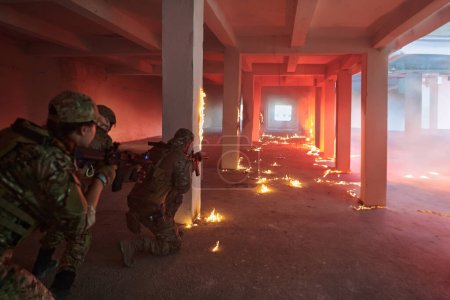 A professional cameraman captures the intense moments as a group of skilled soldiers embarks on a dangerous mission inside an abandoned building, their actions filled with suspense and bravery.