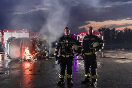 Téléchargez les photos : Équipe de pompiers courageux Marcher après avoir terminé. L'équipe paramédicale et de secours des pompiers lutte contre l'incendie dans les accidents de la route, l'assurance et sauve des vies concept - en image libre de droit