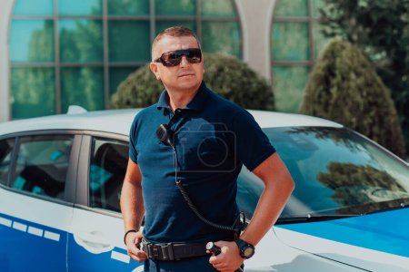 Foto de Un policía patrulla la ciudad. Un oficial de policía con gafas de sol patrullando en la ciudad con un coche oficial de policía. - Imagen libre de derechos
