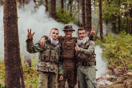 Photo for Group of soldiers in oposit sides celebrating peace after battle. - Royalty Free Image