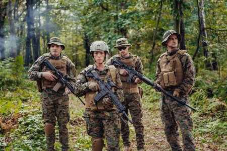 Photo for Modern Warfare Soldiers Squad Running in Tactical Battle Formation Woman as a Team Leader. - Royalty Free Image